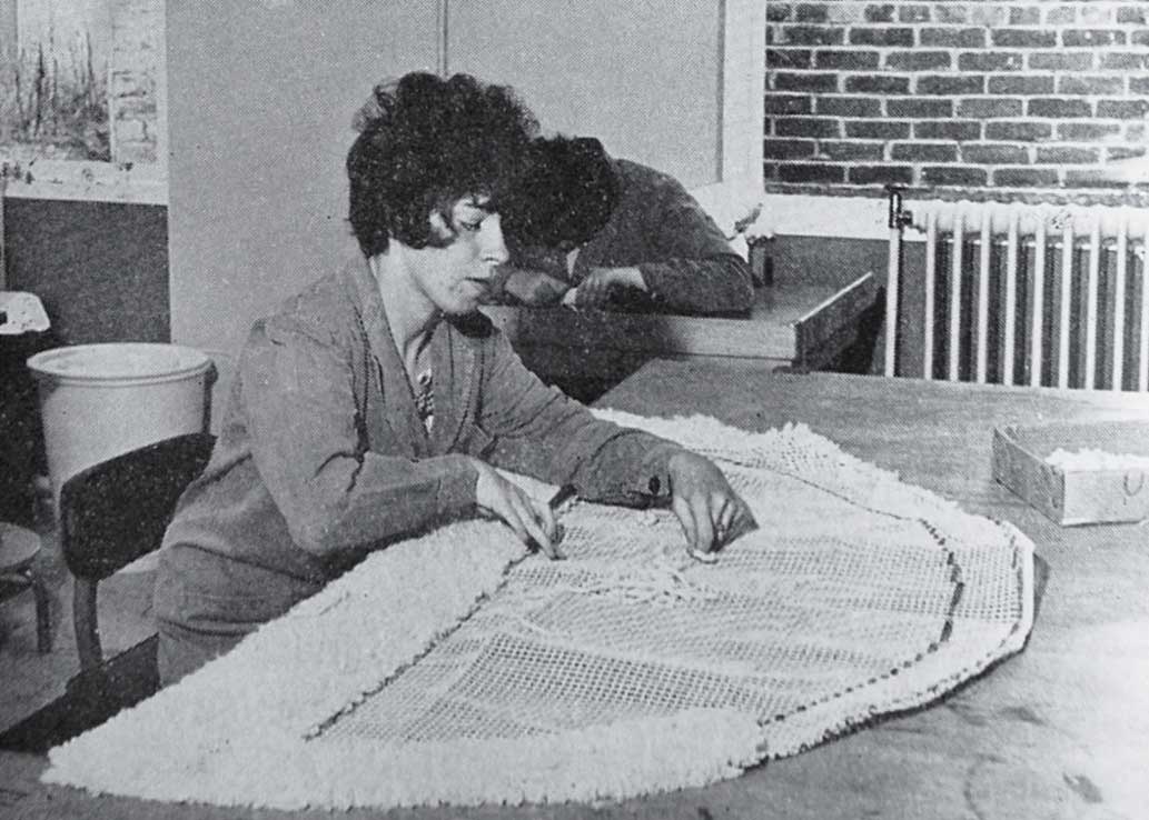Pauline Brayley concentrates on rugmaking and Sandra James on teapot stands.